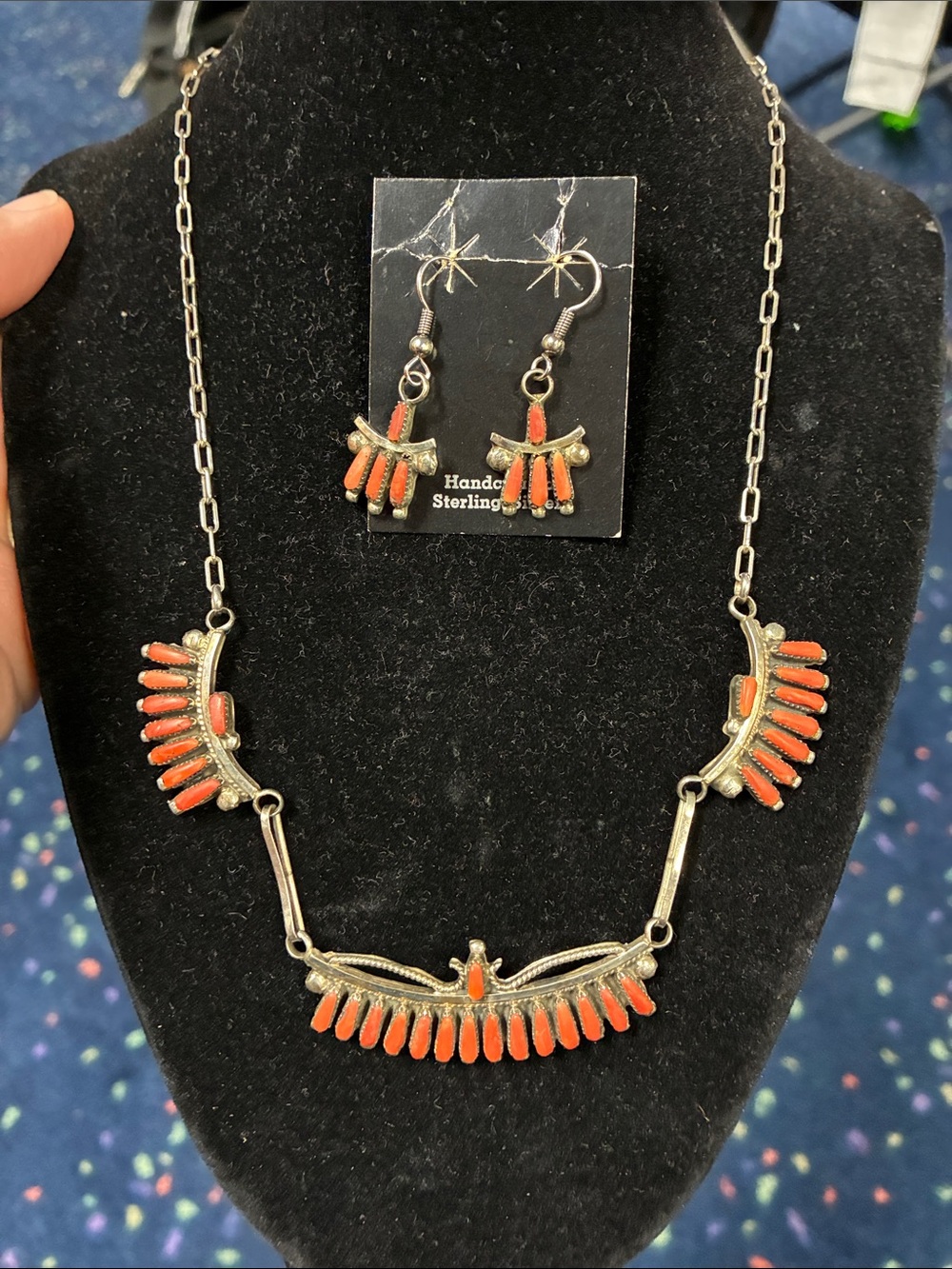 Vintage Zuni Sterling Silver Red Coral Petit Point 18” Necklace & Earrings Set